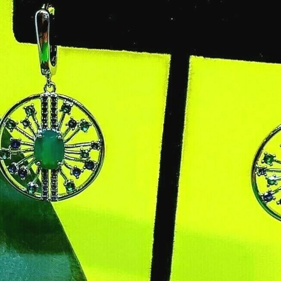 Natural Green Agate & CZ 925 Sterling Silver Round Earrings. - Picture 5 of 7